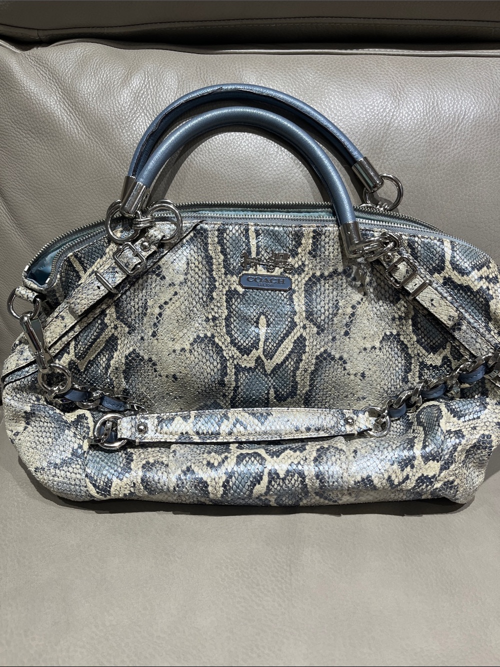 COACH Snake-Print Satchel in Neutral and Blue